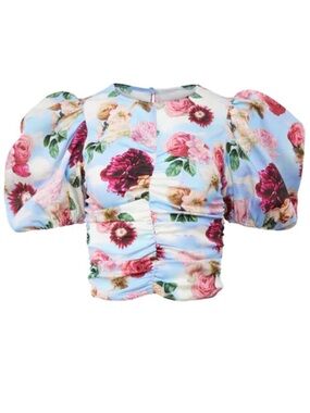 Fleur Du Mal silk satin Puff Sleeve Top sky w/ floral